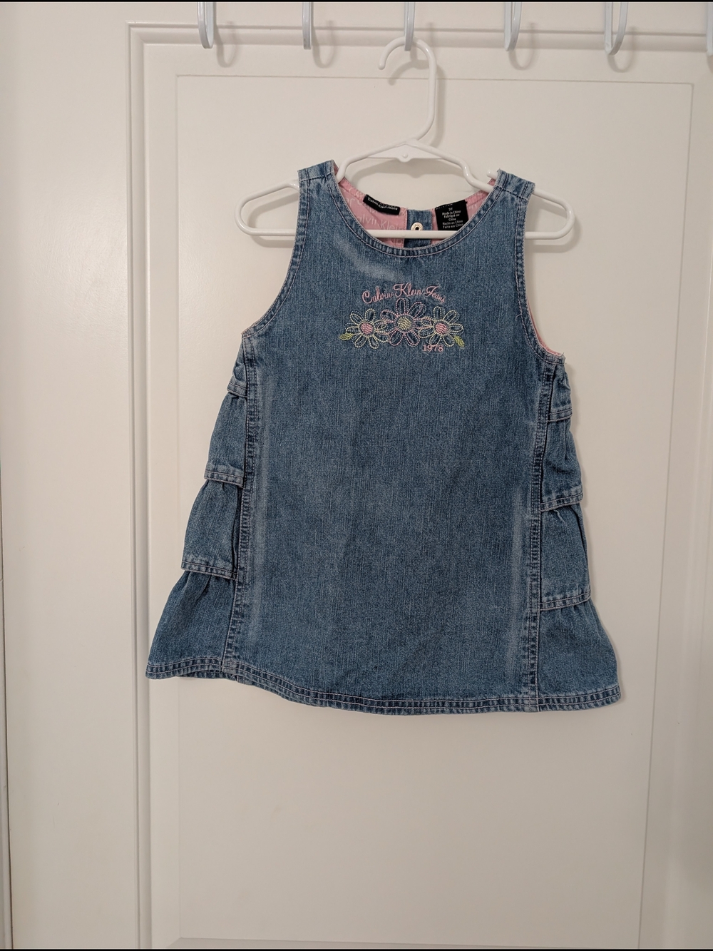 Y2K Calvin Klein Jeans Girls 3T Denim Floral Embroidered Jumper Dress